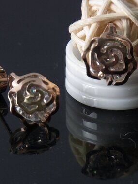 316 L Stainless Steel Rose Gold Plated Camellia Flower Stud Earrings CZ Sparkle